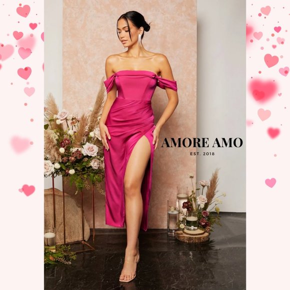 ❤️ Flora ❤️ Dress - Hug Hip Shell Pink Rose Flushed Ruched Satin Off Shoulder - Picture 6 of 10
